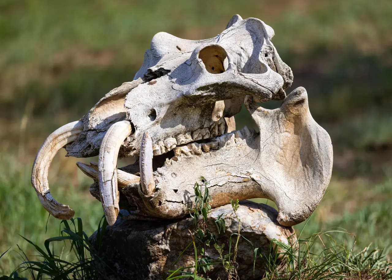 Bleached hippopotamus skull with large tusks resting on a rock in the african savanna grassland