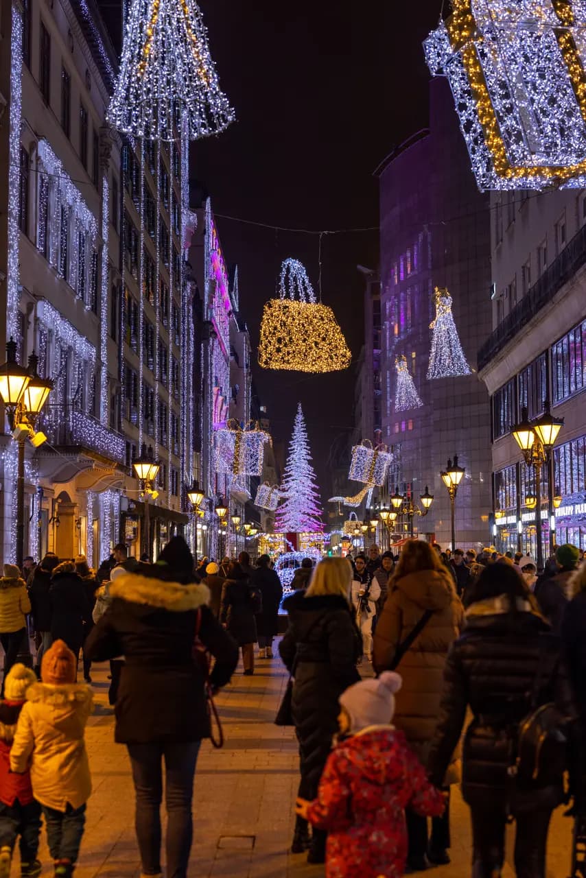 Families enjoying festive holiday lights in a city street at night